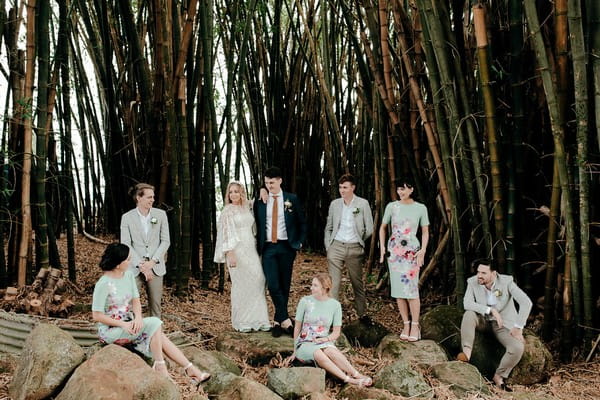 Bride and groom posing with bridal party