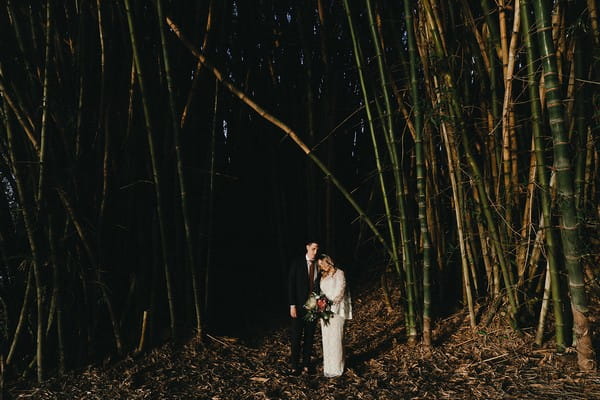 Bride and groom by tall trees at Graciosa