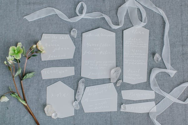 Wedding stationery with ribbons and quartz crystals
