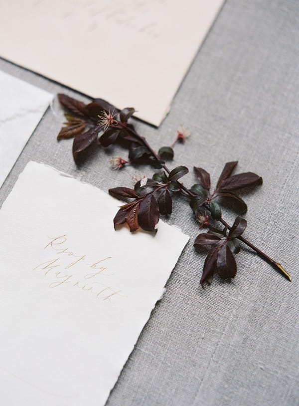 Deep red leaves with wedding stationery