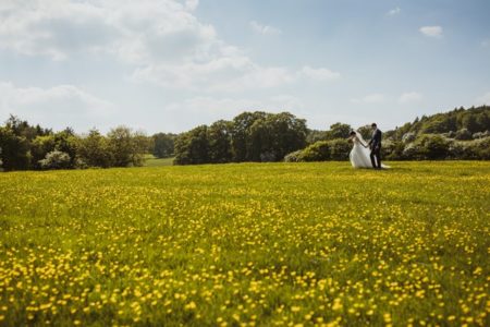 Bride and groom holding hands as they walk across a field of buttercups - Picture by Neil Jackson Photographic