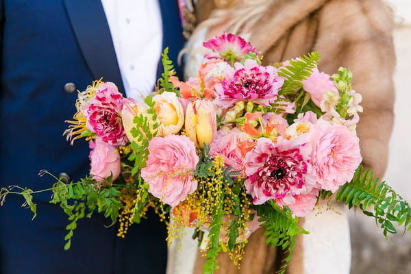 Bride's bright, colourful wedding bouquet