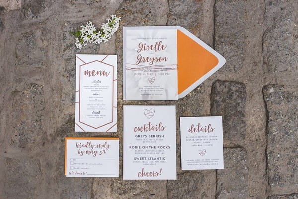 Wedding stationery suite with copper detail