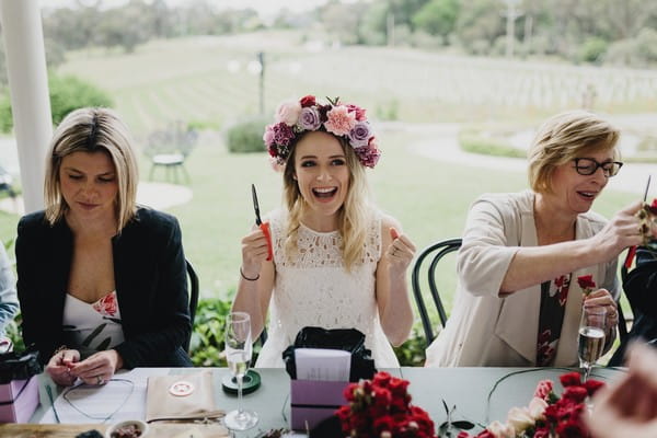 Bride-to-be on hen party wearing floral crown