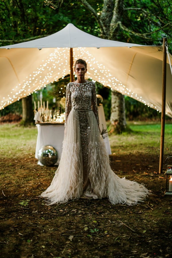 Bride wearing wedding dress with silver detail and feathers