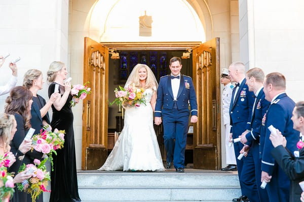 Bride and groom leaving Summerall Chapel