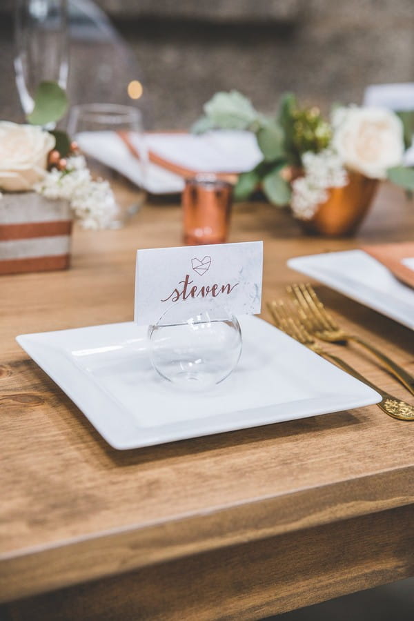 Wedding place name card with copper writing