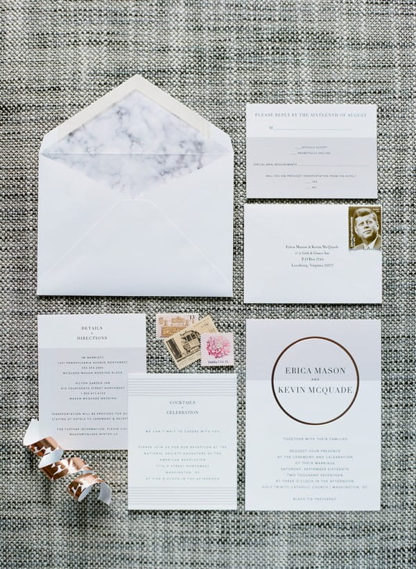 Wedding stationery with marble and copper details