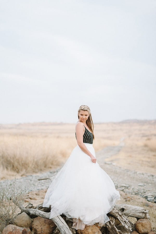 Bride with black top in South African bush