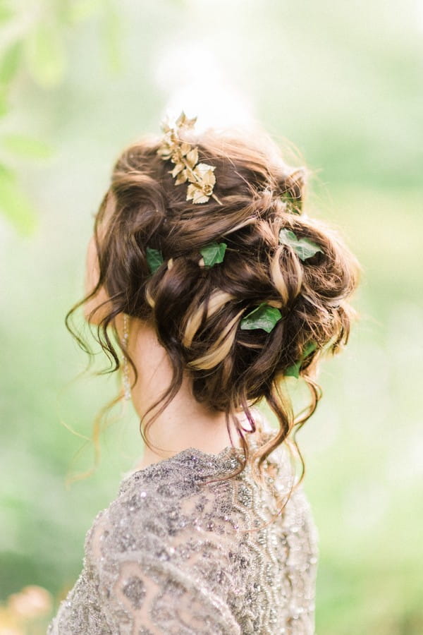 Messy Updo Bridal Hairstyle with Foliage and Headpiece