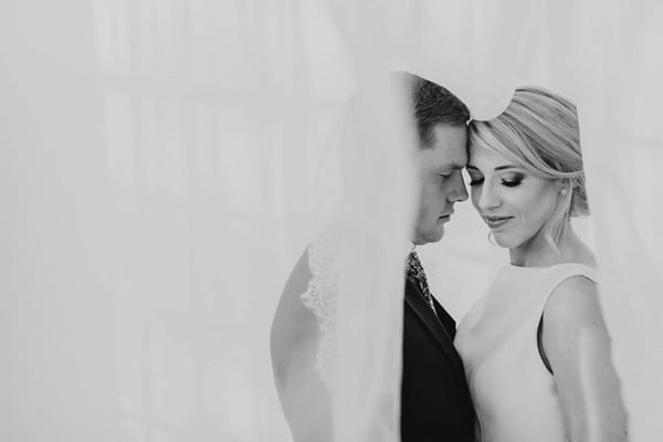 Bride and groom touching heads with tulle hanging around them - Picture by Werner J Photography