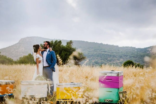 Bride and groom standing in field next to colourful boxes with hills in the background - Picture by Jonny Barratt Photography