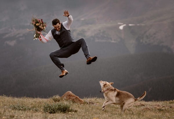 Groom holding bouquet jumping next to dog - Picture by Maddie Mae