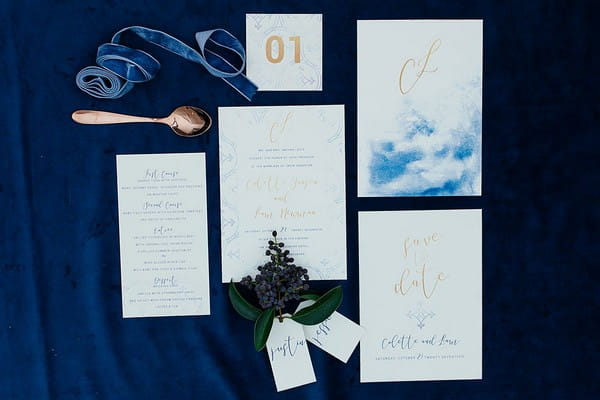 Blue and copper winter wedding stationery suite