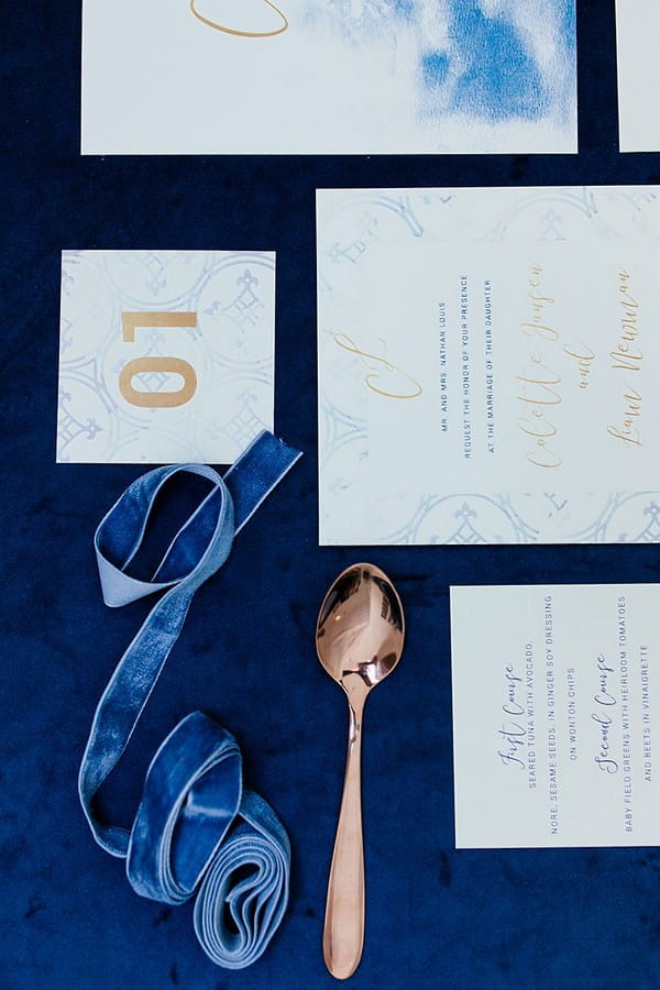 Blue and copper winter wedding stationery