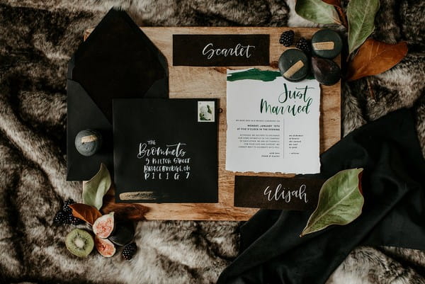 Black and green autumn wedding stationery