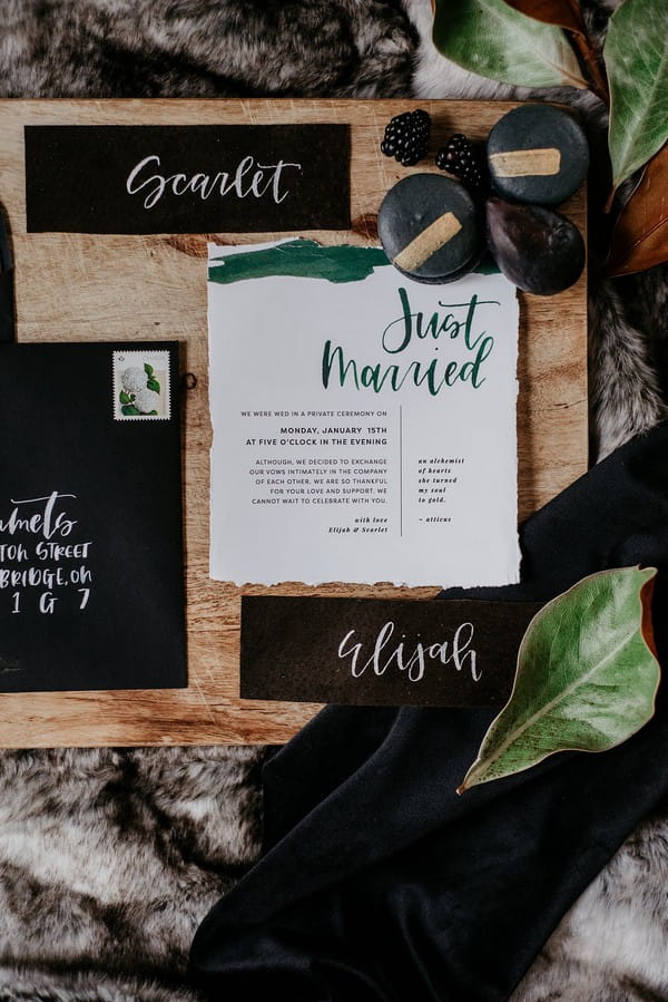 Black and green autumn wedding stationery