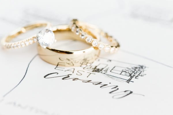 Gold wedding rings on top of wedding stationery