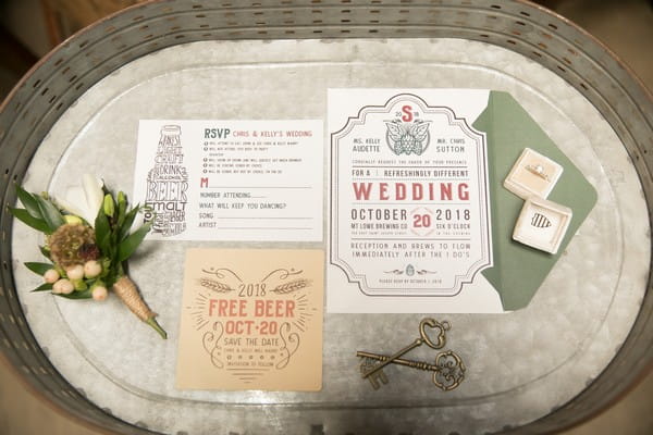 Stationery for brewery wedding in beer bucket