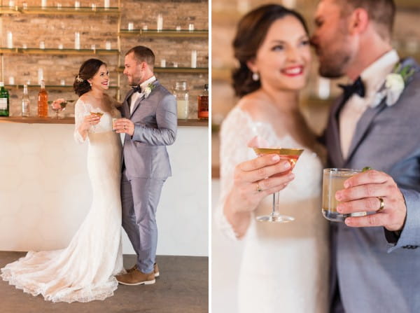 Bride and groom drinking cocktails in bar at East Crossing