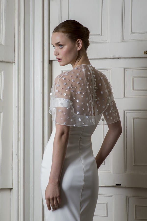 Back of Harbour Dress with Bloomsbury Cape from the Halfpenny London The Air That We Breathe 2019 Bridal Collection