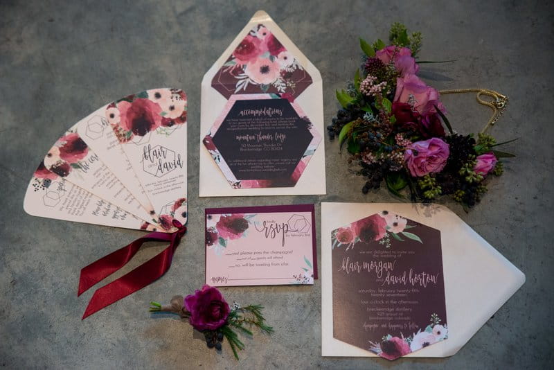 Purple floral winter wedding stationery