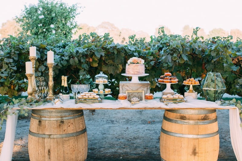 Wedding dessert table made from barrels