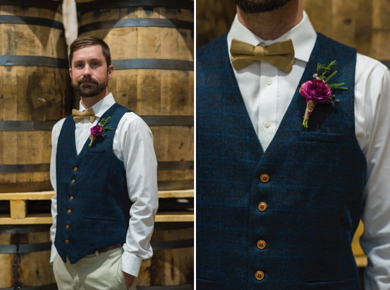 Best man in blue waistcoat with mustard bow tie