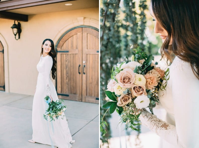 Bride holding bouquet with soft mauve flowers