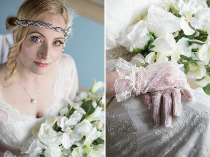 Vintage bride wearing headband and lace gloves