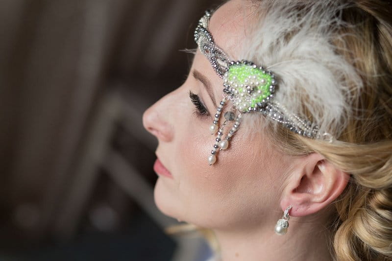 Vintage style bridal headband with green neon detail