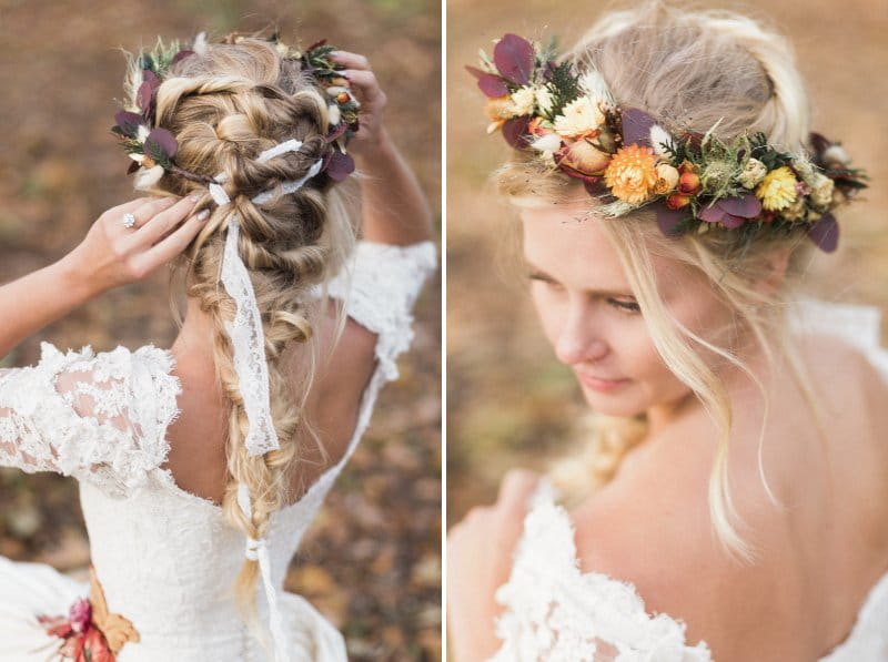 Bride wearing autumn flower crown with plait hairstyle