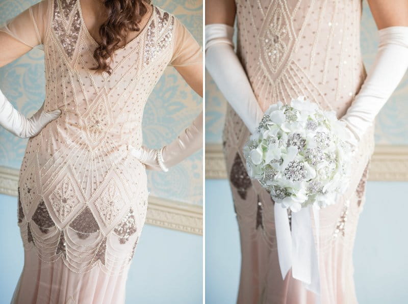 Bridesmaid wearing dress with sequin detail and holding posy bouquet