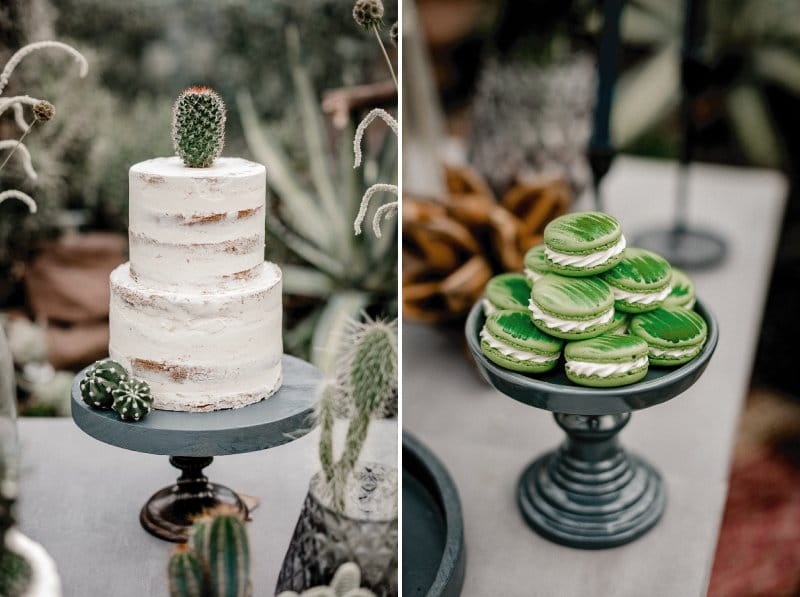 White semi-naked wedding cake and green macarons