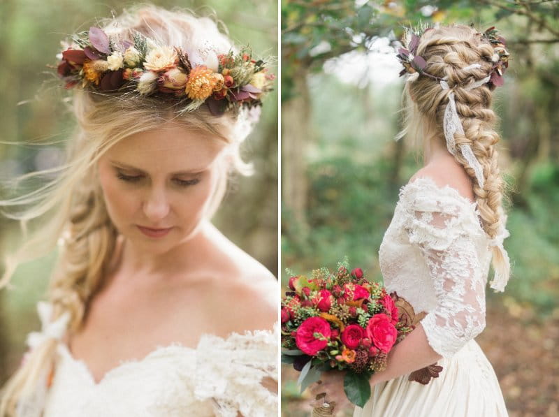 Bride with long plait hairstyle wearing autumn floral crown