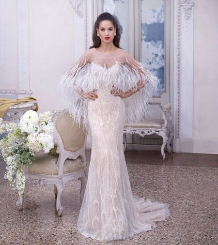 DP378 Delphine Wedding Dress with Feather Cape from the Platinum by Demetrios Clair de Lune 2019 Bridal Collection