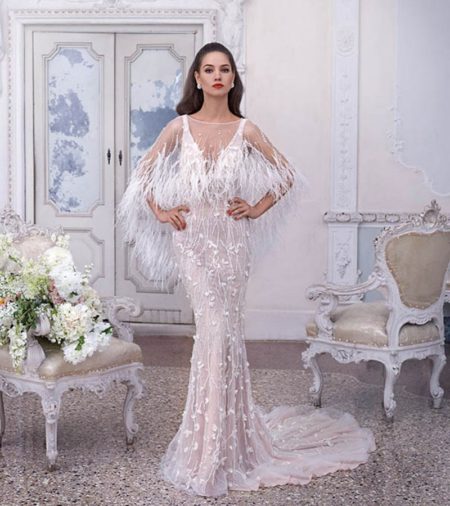 DP395 Madeleine Wedding Dress with Feather Cape from the Platinum by Demetrios 2019 Clair de Lune Bridal Collection