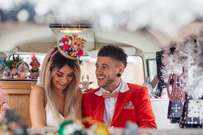 Bride and groom in VW van