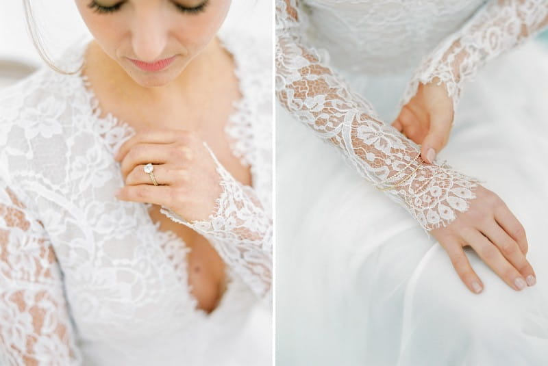 Lace detail on sleeves of bride's wedding dress