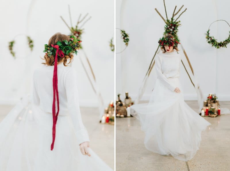 Bride wearing foliage and red berry crown with ribbon