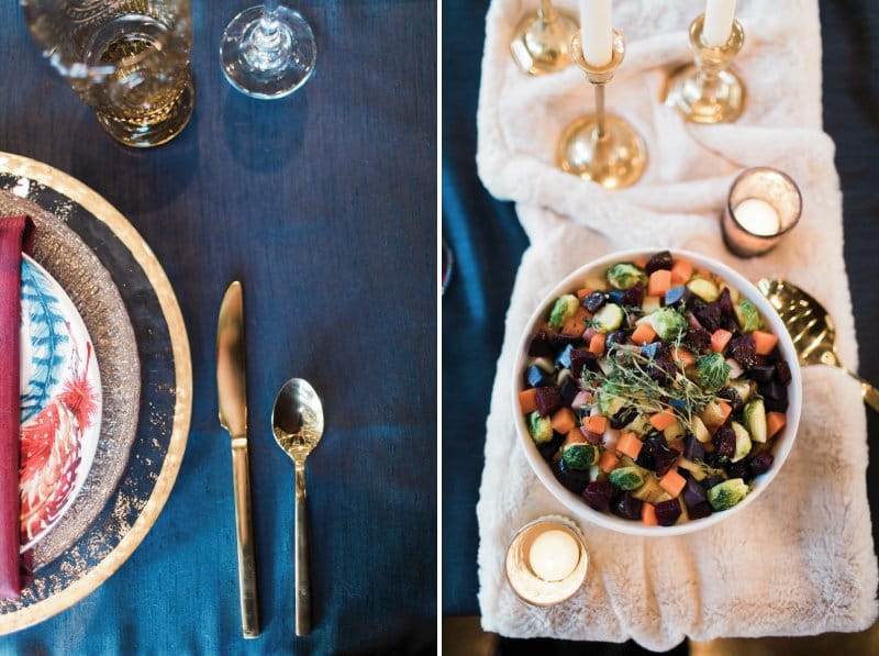 Winter wedding food and gold cutlery