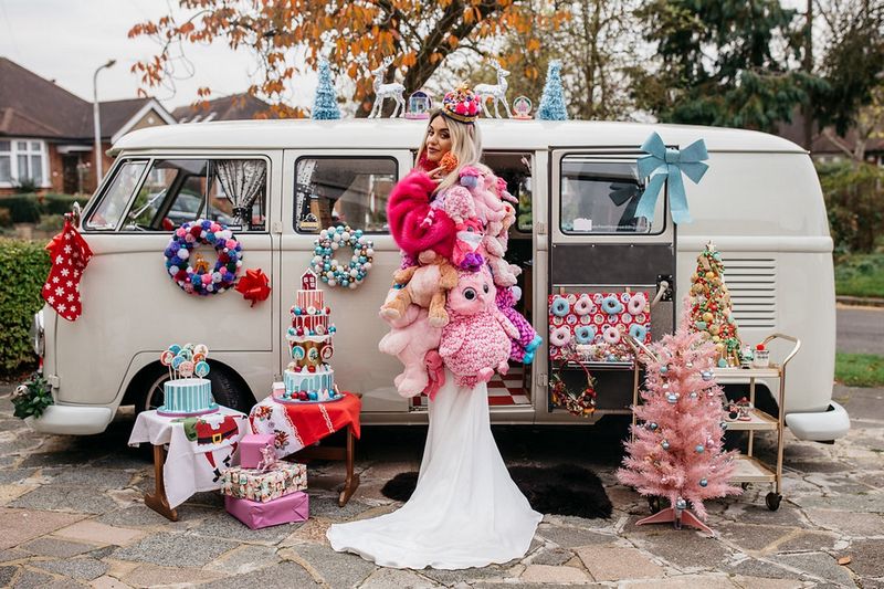 Bride wearing coat made from soft toys