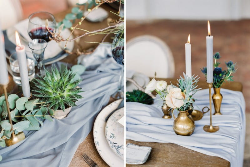 Small pot plant and candles on grey wedding table runner