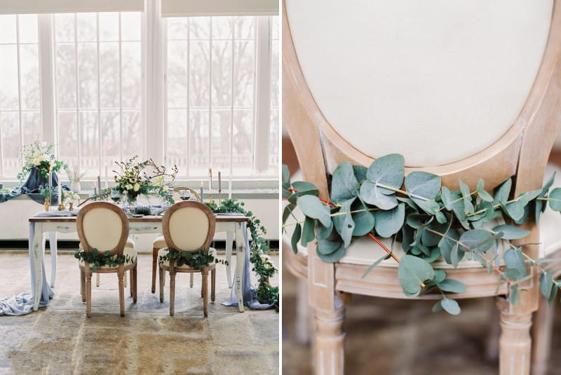 Eucalyptus foliage on back of wedding chair