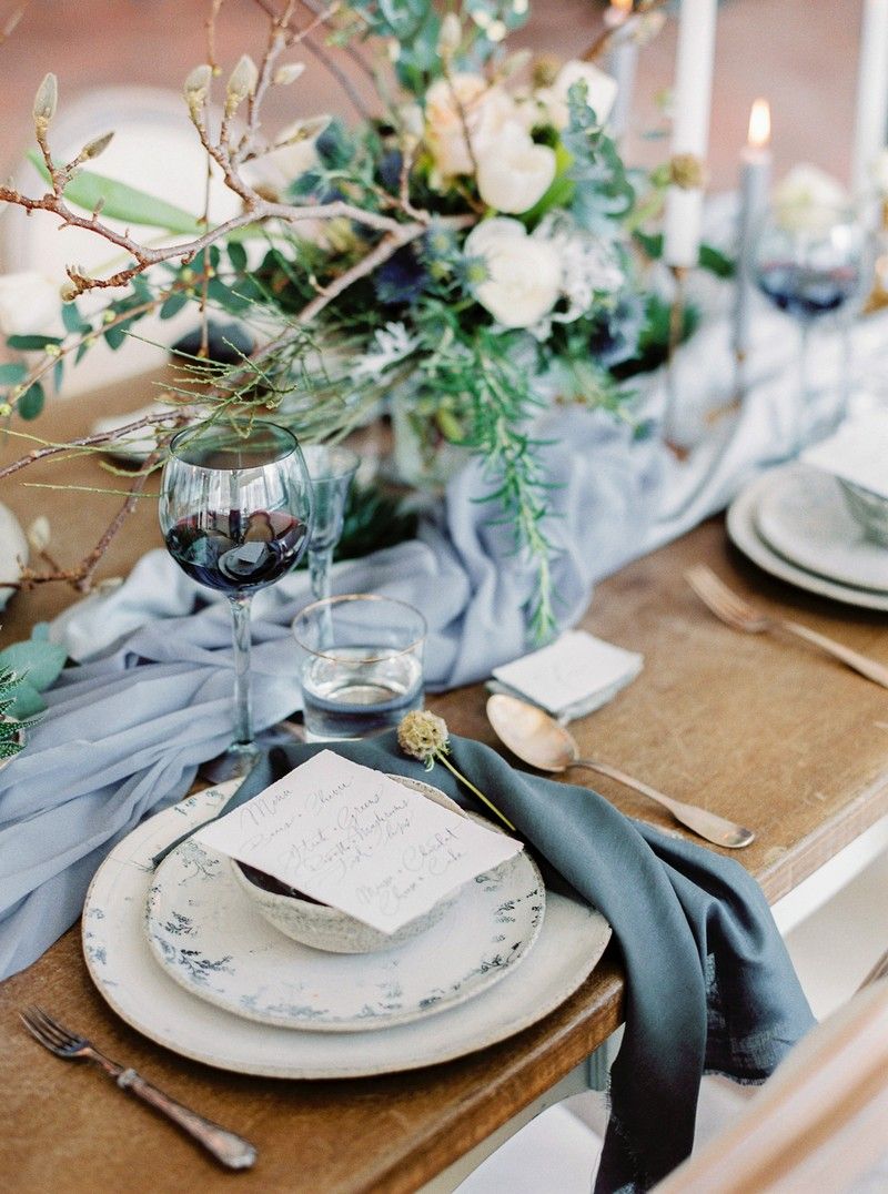 Winter wedding place setting with grey styling