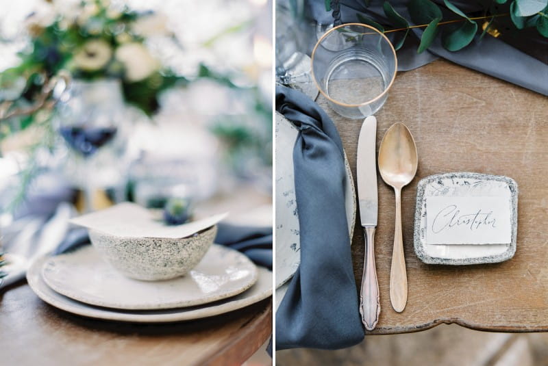 Grey bowl and gold cutlery on wedding table