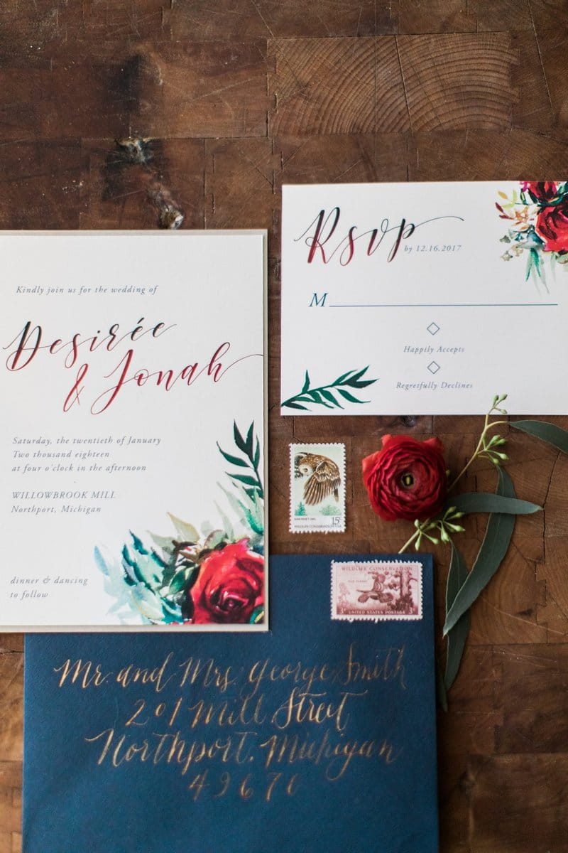 Navy and burgundy winter wedding stationery