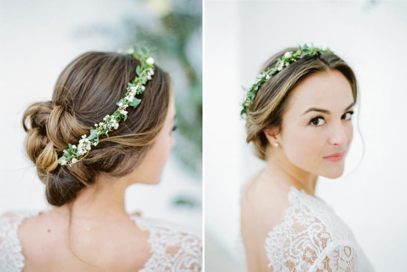 Bride wearing foliage crown