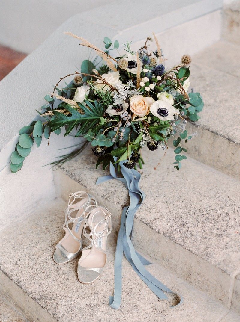 Jimmy Choo wedding shoes and bouquet