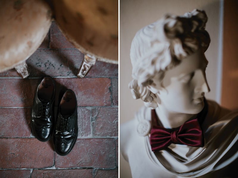 Groom's shoes and red bow tie